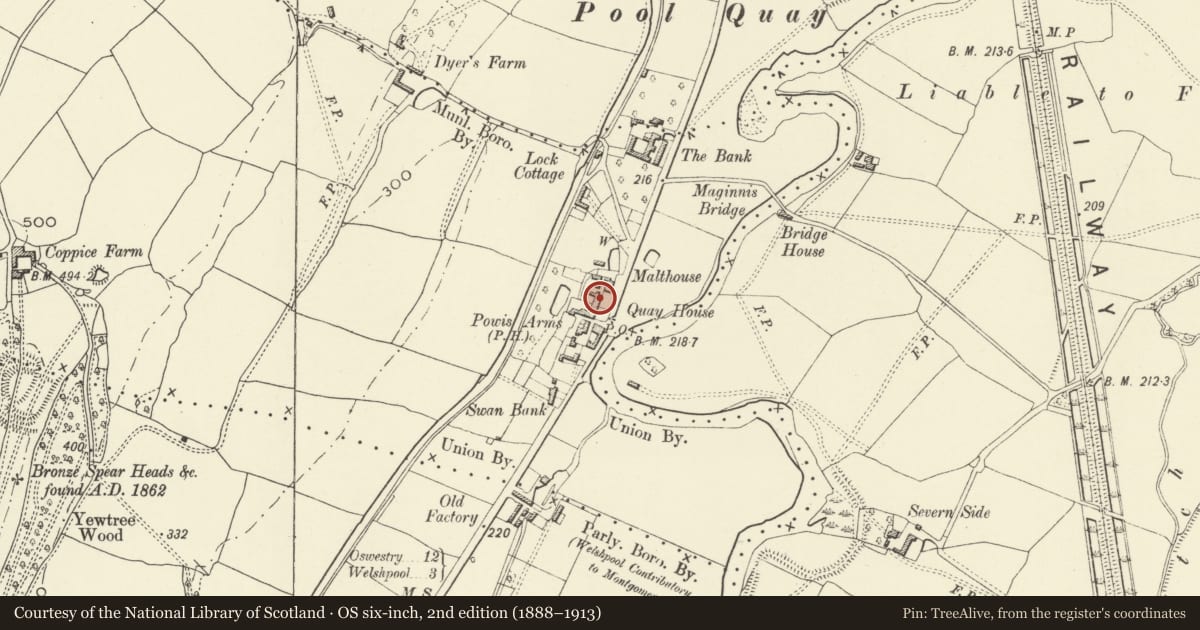 Ordnance Survey six-inch map, 2nd edition (1888–1913) covering the location of Manor House, Welshpool, Powys, with a pin at the register's coordinates