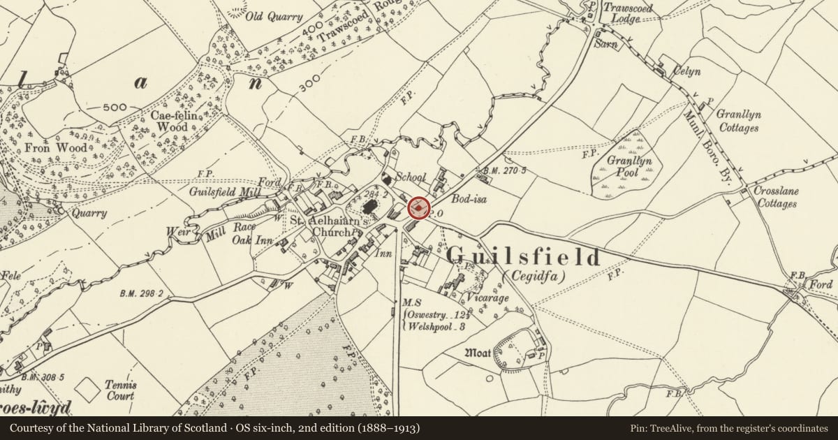Ordnance Survey six-inch map, 2nd edition (1888–1913) covering the location of Clematis Cottage, Guilsfield, Powys, with a pin at the register's coordinates