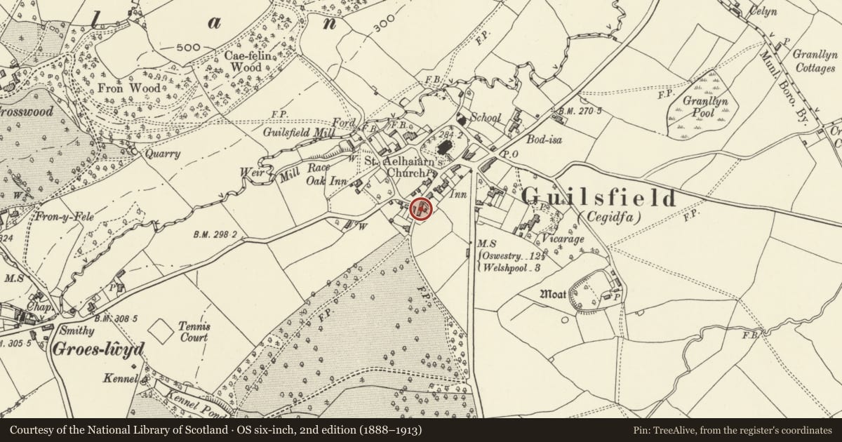 Ordnance Survey six-inch map, 2nd edition (1888–1913) covering the location of The Porches, Guilsfield, Powys, with a pin at the register's coordinates