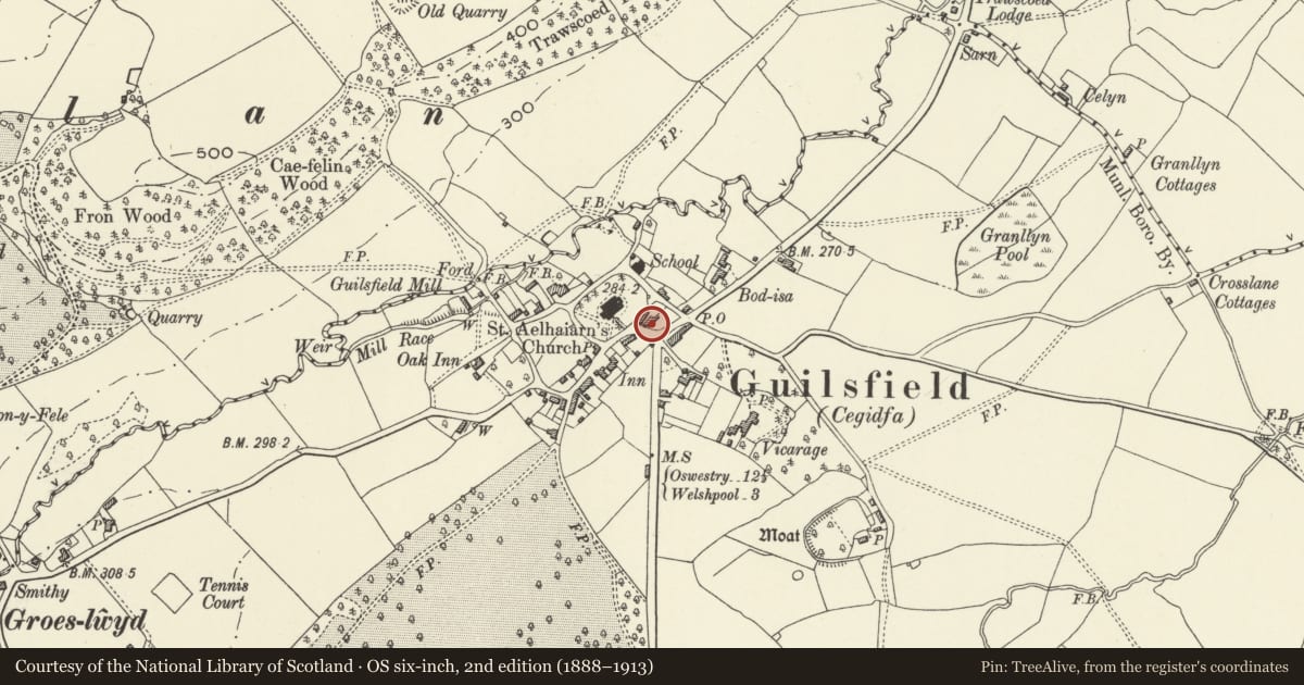 Ordnance Survey six-inch map, 2nd edition (1888–1913) covering the location of Abercrombie House (Post Office and Stores), Guilsfield, Powys, with a pin at the register's coordinates