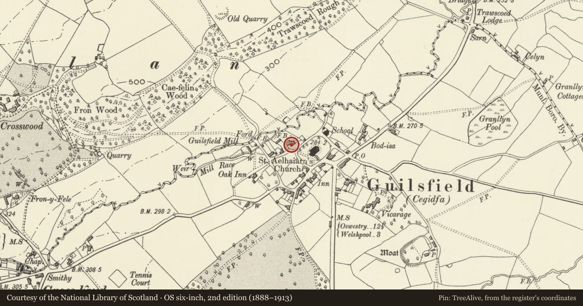 Ordnance Survey six-inch map, 2nd edition (1888–1913) covering the location of THe Red House, Guilsfield, Powys, with a pin at the register's coordinates