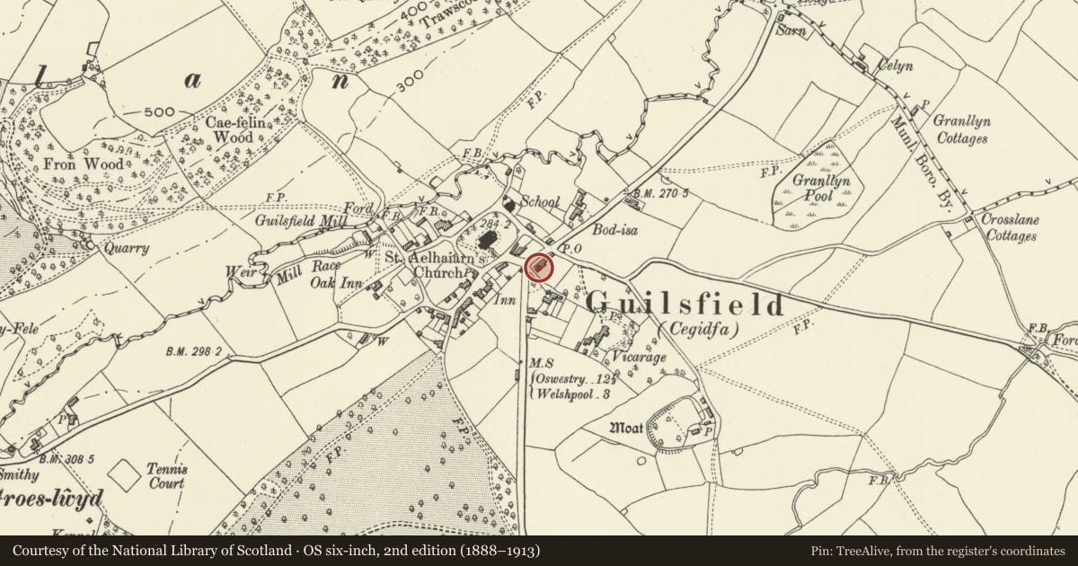 Ordnance Survey six-inch map, 2nd edition (1888–1913) covering the location of Trawscoed House, Guilsfield, Powys, with a pin at the register's coordinates