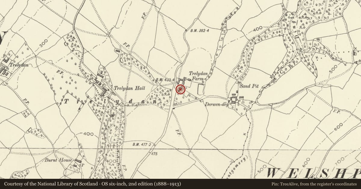Ordnance Survey six-inch map, 2nd edition (1888–1913) covering the location of Trelydan Farmhouse, Welshpool, Powys, with a pin at the register's coordinates
