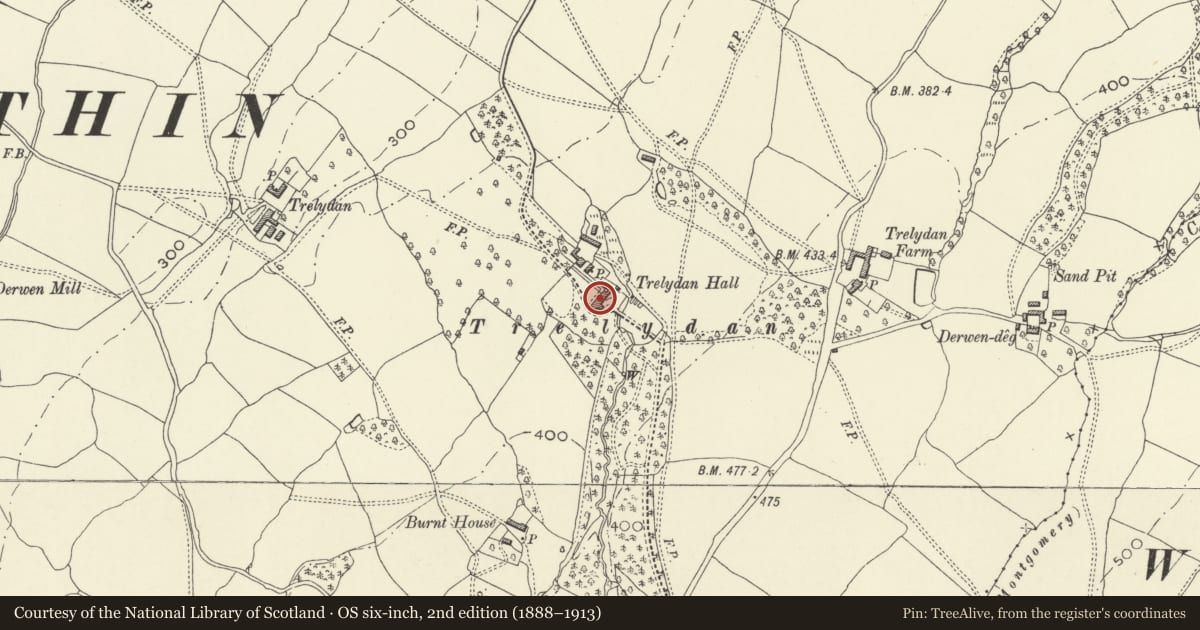Ordnance Survey six-inch map, 2nd edition (1888–1913) covering the location of Trelydan Hall, Welshpool, Powys, with a pin at the register's coordinates