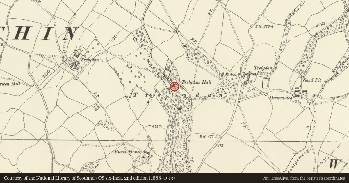 Ordnance Survey six-inch map, 2nd edition (1888–1913) covering the location of Garden Wall at Trelydan Hall, Welshpool, Powys, with a pin at the register's coordinates