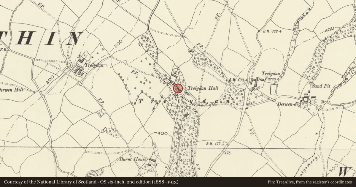 Ordnance Survey six-inch map, 2nd edition (1888–1913) covering the location of The Dower House at Trelydan Hall, Welshpool, Powys, with a pin at the register's coordinates