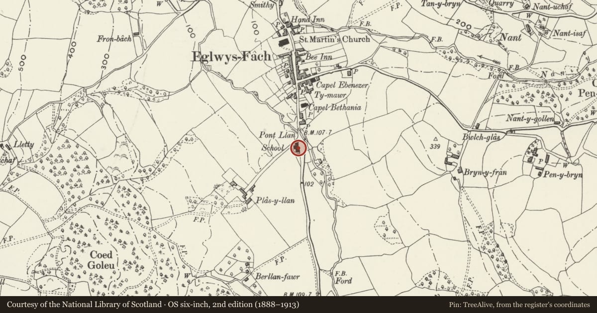 Ordnance Survey six-inch map, 2nd edition (1888–1913) covering the location of Ysgol Gynradd Eglwysbach (original range), Conwy, with a pin at the register's coordinates