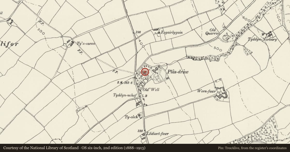 Ordnance Survey six-inch map, 2nd edition (1888–1913) covering the location of Former Outbuildings to the South-west of Plas-Draw, Llangynhafal, Denbighshire, with a pin at the register's coordinates