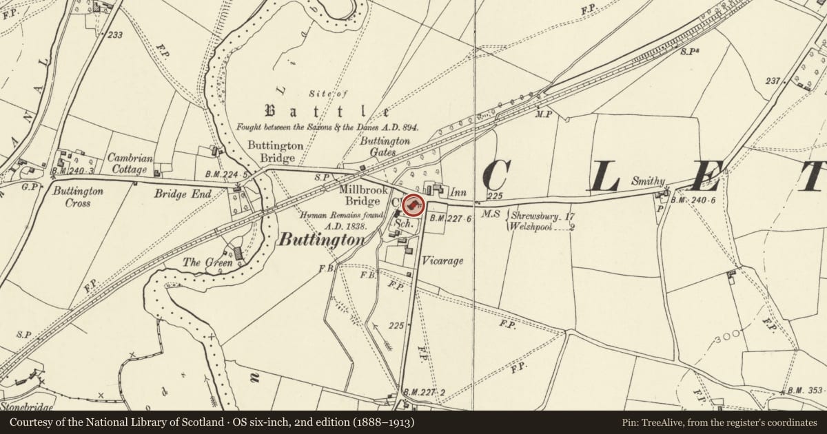 Ordnance Survey six-inch map, 2nd edition (1888–1913) covering the location of Church of All Saints, Trewern, Powys, with a pin at the register's coordinates