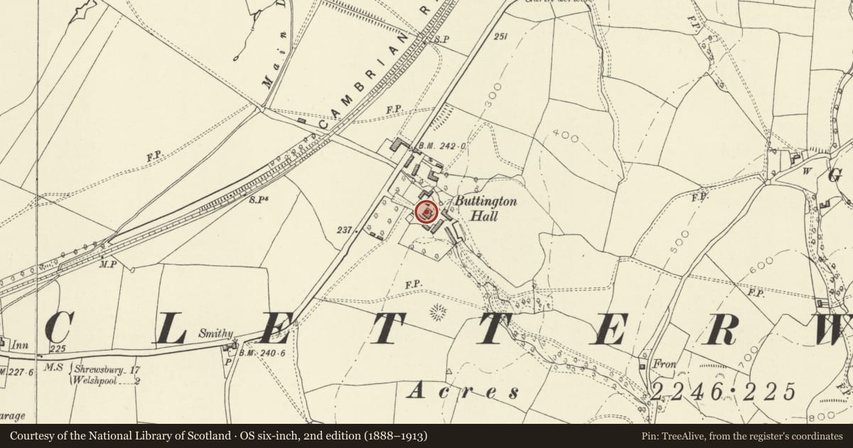 Ordnance Survey six-inch map, 2nd edition (1888–1913) covering the location of Buttington Old Hall Farmhouse, Trewern, Powys, with a pin at the register's coordinates