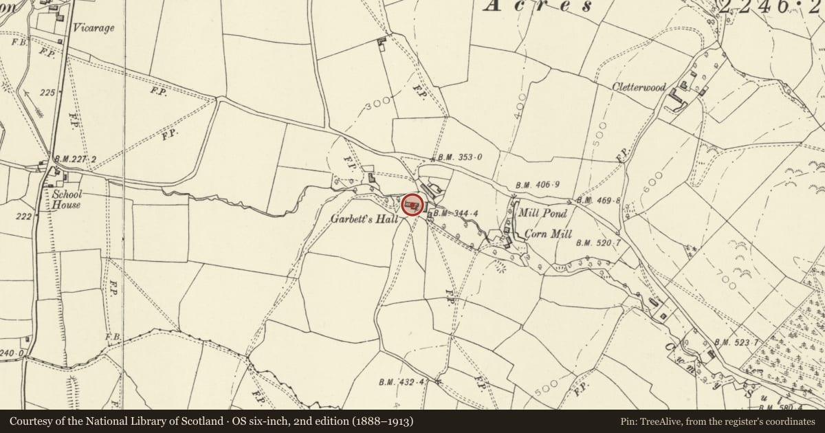 Ordnance Survey six-inch map, 2nd edition (1888–1913) covering the location of Garbett's Hall, Trewern, Powys, with a pin at the register's coordinates