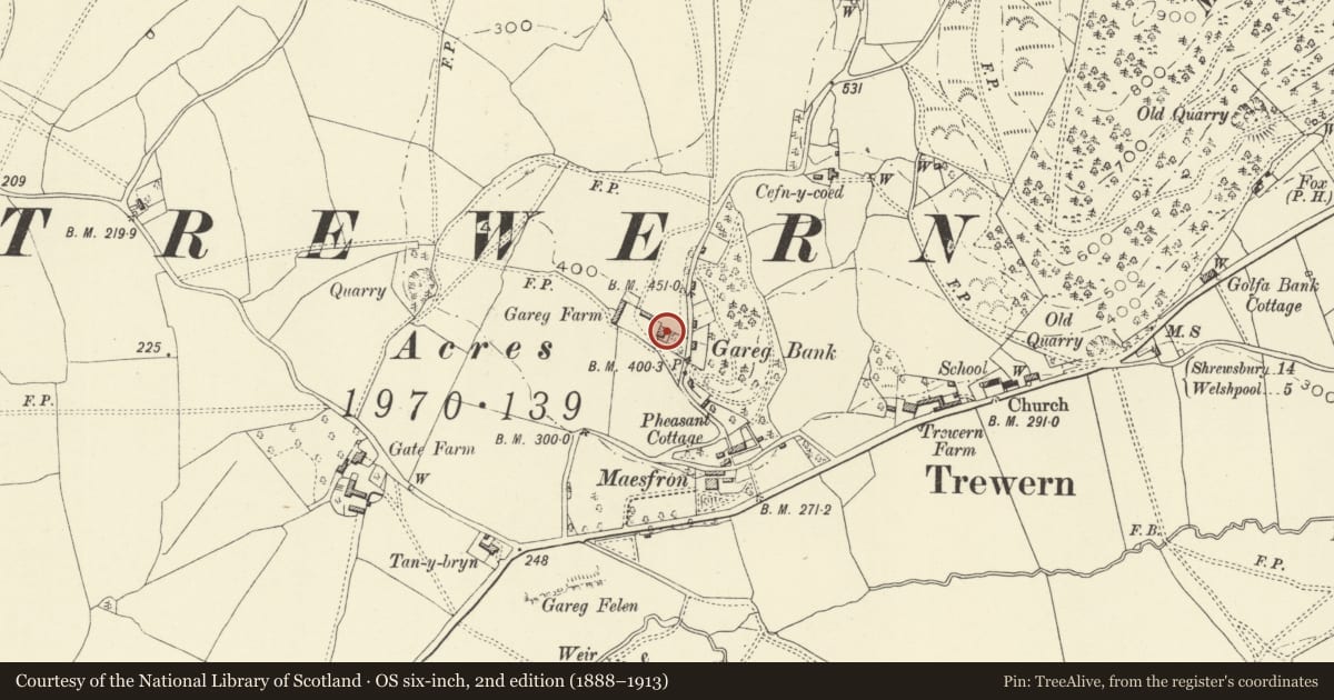 Ordnance Survey six-inch map, 2nd edition (1888–1913) covering the location of Upper Farm Farmhouse, Trewern, Powys, with a pin at the register's coordinates