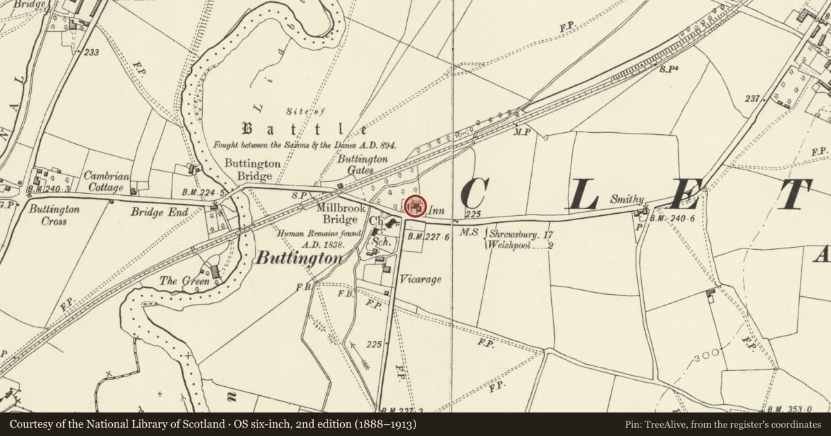Ordnance Survey six-inch map, 2nd edition (1888–1913) covering the location of The Green Dragon Inn, Trewern, Powys, with a pin at the register's coordinates