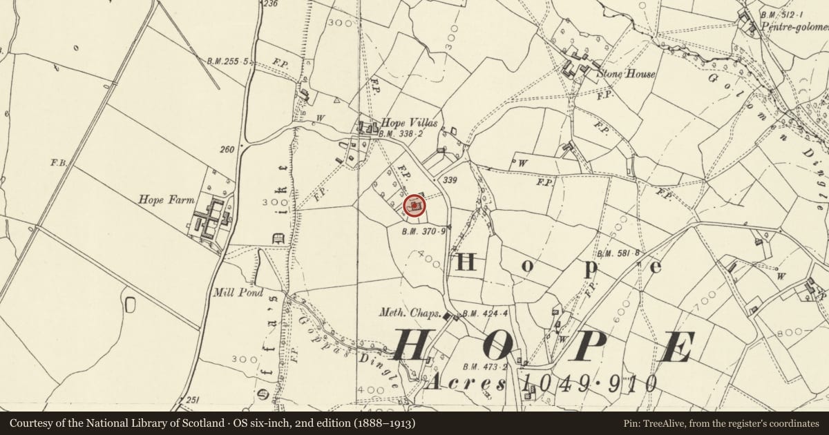Ordnance Survey six-inch map, 2nd edition (1888–1913) covering the location of Old Hope Farmhouse, Trewern, Powys, with a pin at the register's coordinates