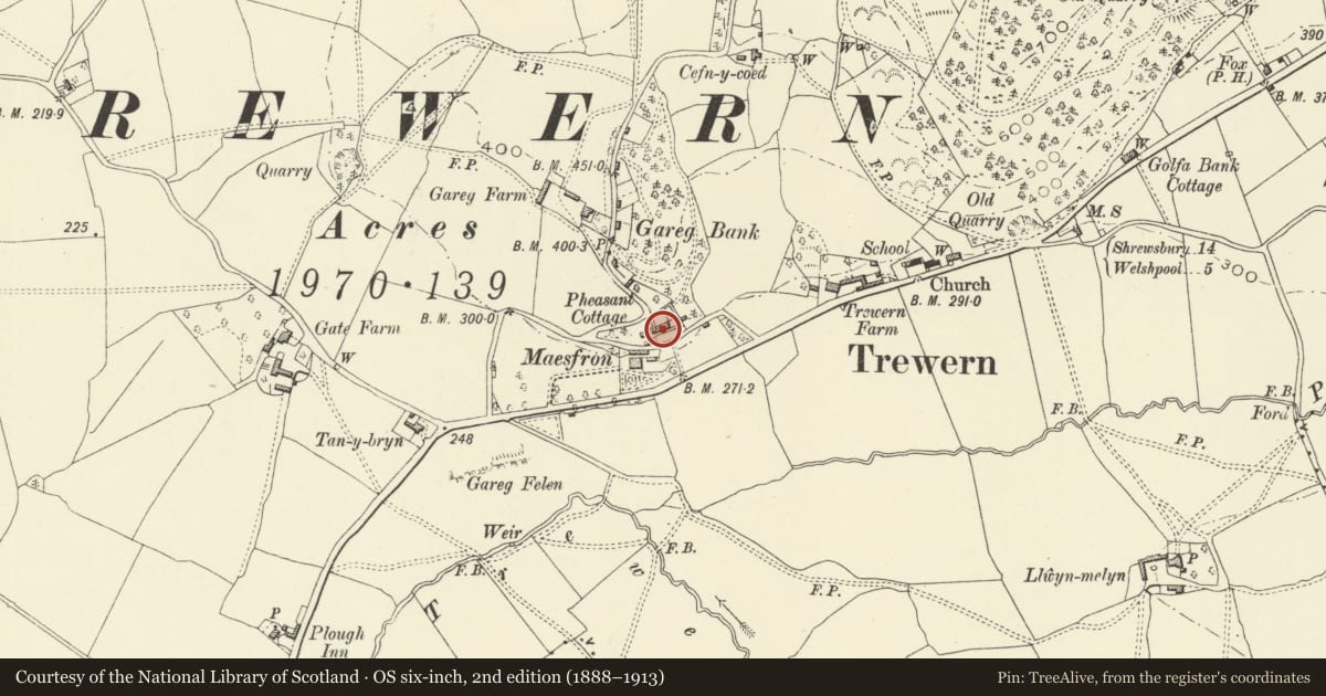Ordnance Survey six-inch map, 2nd edition (1888–1913) covering the location of The Olde Post Office, Trewern, Powys, with a pin at the register's coordinates