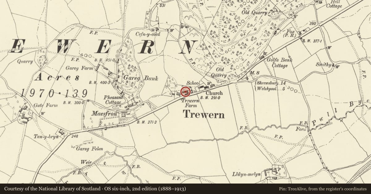 Ordnance Survey six-inch map, 2nd edition (1888–1913) covering the location of Barn to East of Trewern House, Powys, with a pin at the register's coordinates