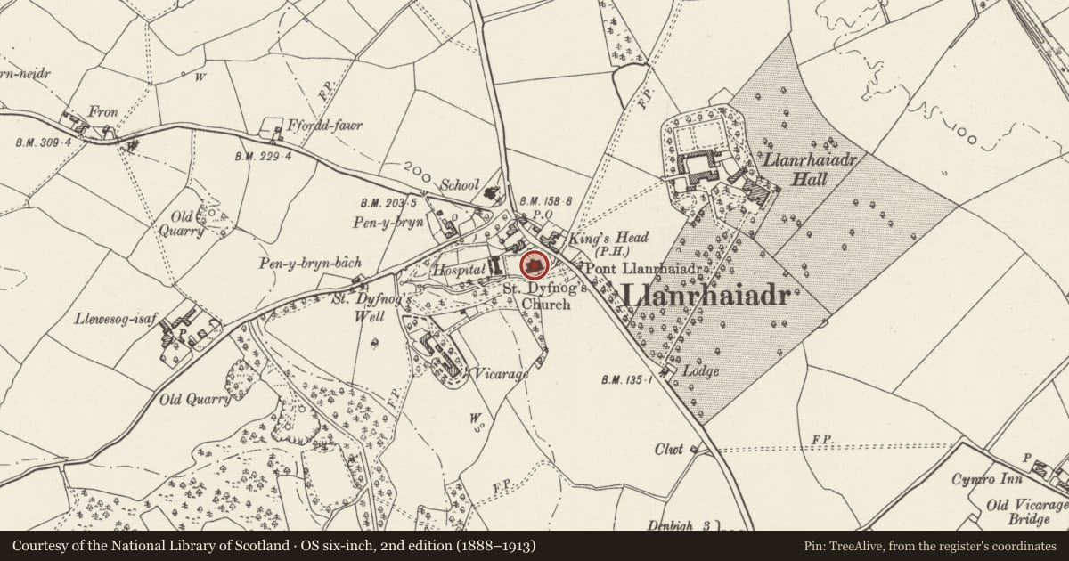 Ordnance Survey six-inch map, 2nd edition (1888–1913) covering the location of Parish Church of St Dyfnog, Llanrhaeadr yng Nghinmeirch, Denbighshire, with a pin at the register's coordinates