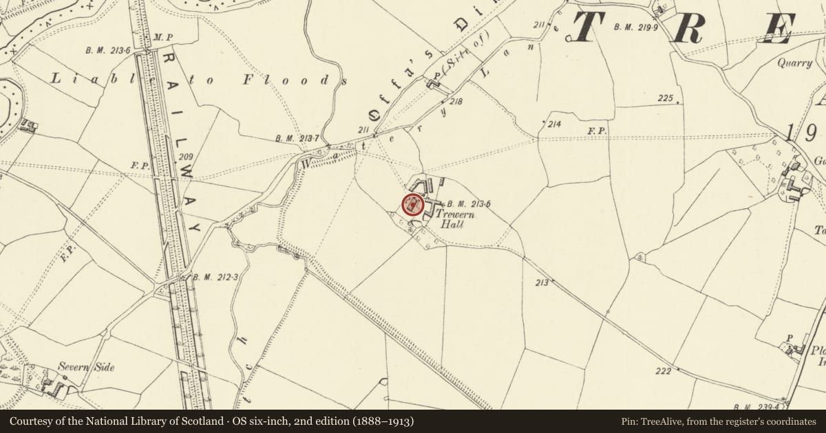 Ordnance Survey six-inch map, 2nd edition (1888–1913) covering the location of Trewern Hall, Powys, with a pin at the register's coordinates