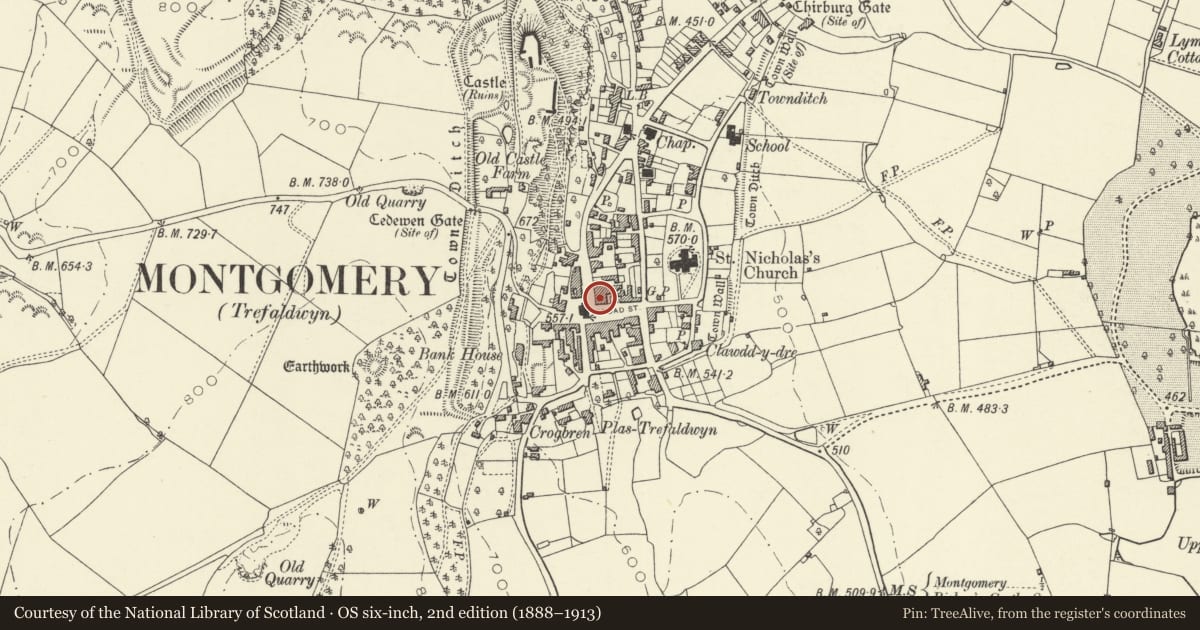 Ordnance Survey six-inch map, 2nd edition (1888–1913) covering the location of Colomendy, Montgomery, Powys, with a pin at the register's coordinates