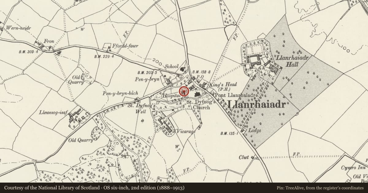 Ordnance Survey six-inch map, 2nd edition (1888–1913) covering the location of No.1 The Almshouses, Llanrhaeadr yng Nghinmeirch, Denbighshire, with a pin at the register's coordinates