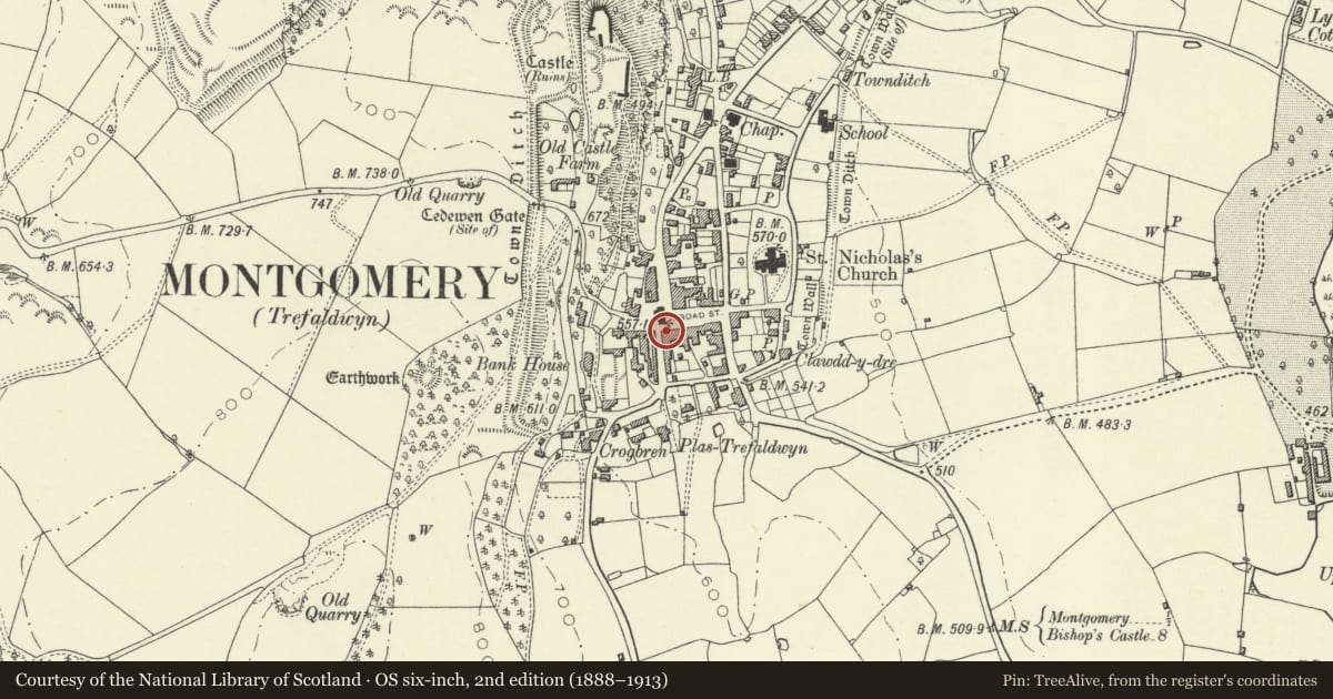 Ordnance Survey six-inch map, 2nd edition (1888–1913) covering the location of Compton House, Montgomery, Powys, with a pin at the register's coordinates