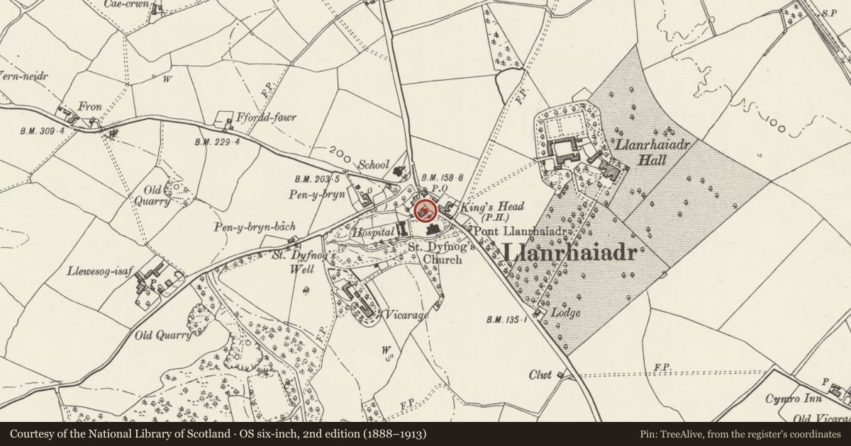 Ordnance Survey six-inch map, 2nd edition (1888–1913) covering the location of The Smithy, Llanrhaeadr yng Nghinmeirch, Denbighshire, with a pin at the register's coordinates