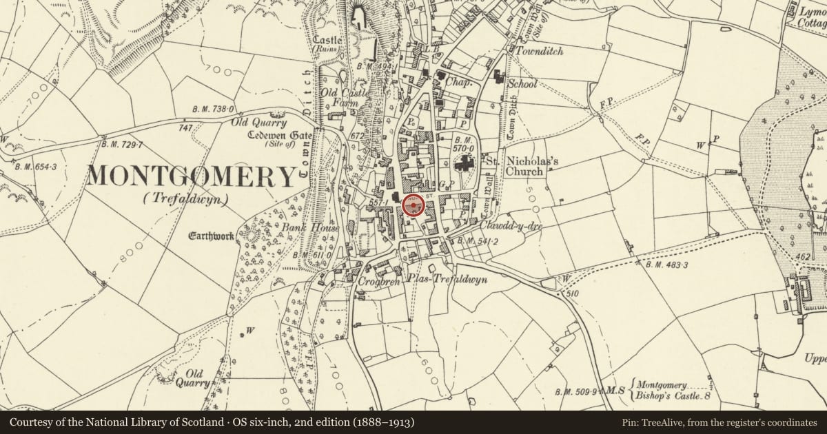 Ordnance Survey six-inch map, 2nd edition (1888–1913) covering the location of Broad Street Farmhouse, Montgomery, Powys, with a pin at the register's coordinates