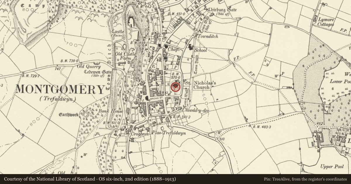 Ordnance Survey six-inch map, 2nd edition (1888–1913) covering the location of Sundial in churchyard, Montgomery, Powys, with a pin at the register's coordinates