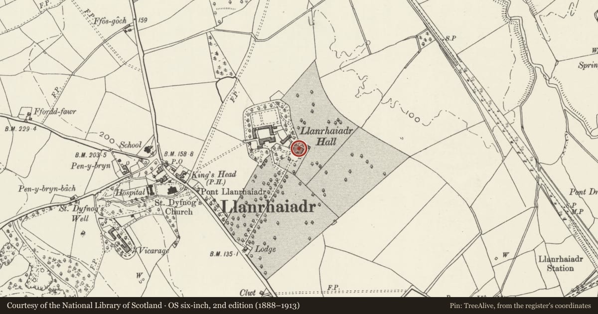 Ordnance Survey six-inch map, 2nd edition (1888–1913) covering the location of Llanrhaeadr Hall, Llanrhaeadr yng Nghinmeirch, Denbighshire, with a pin at the register's coordinates