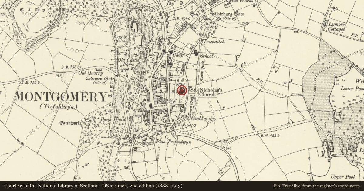 Ordnance Survey six-inch map, 2nd edition (1888–1913) covering the location of Parish Church of Saint Nicholas, Montgomery, Powys, with a pin at the register's coordinates