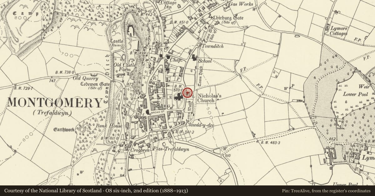 Ordnance Survey six-inch map, 2nd edition (1888–1913) covering the location of Church Cottage, Montgomery, Powys, with a pin at the register's coordinates