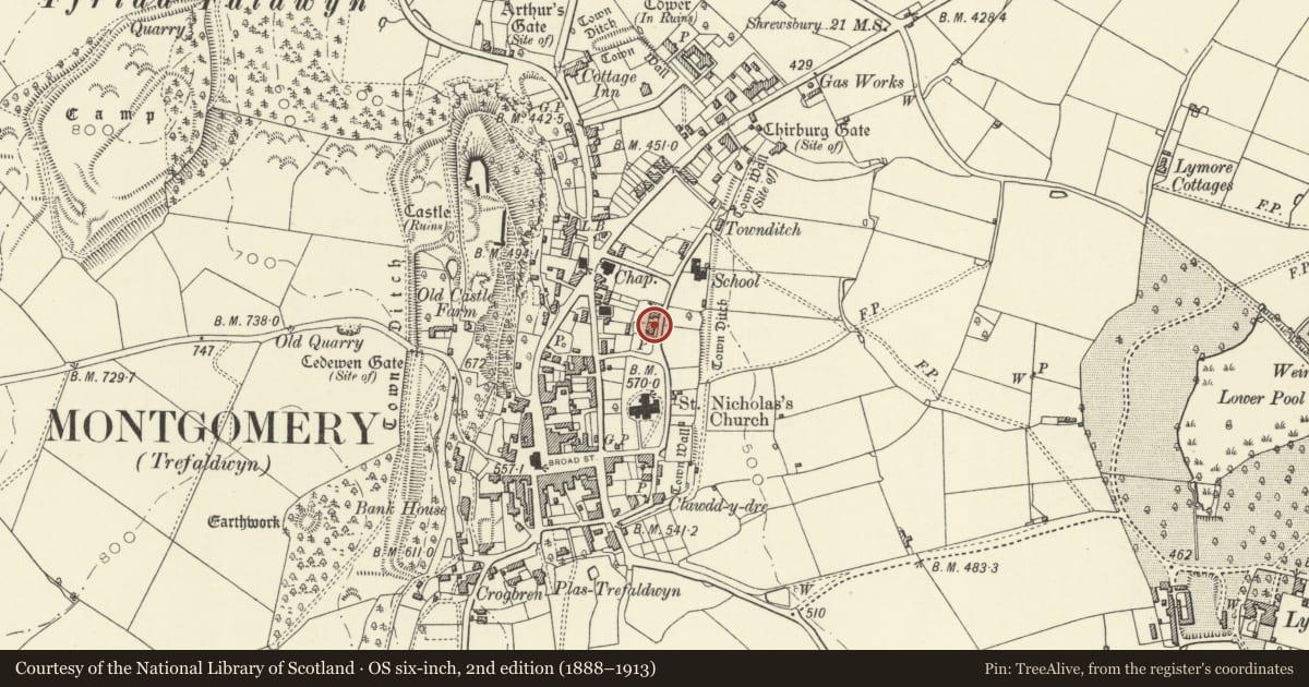 Ordnance Survey six-inch map, 2nd edition (1888–1913) covering the location of Glebe House with front wall, railings and gate, Montgomery, Powys, with a pin at the register's coordinates