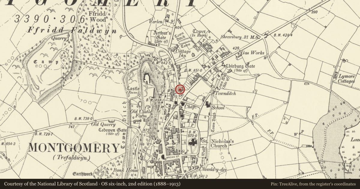 Ordnance Survey six-inch map, 2nd edition (1888–1913) covering the location of No. 1 Cross Houses, Montgomery, Powys, with a pin at the register's coordinates