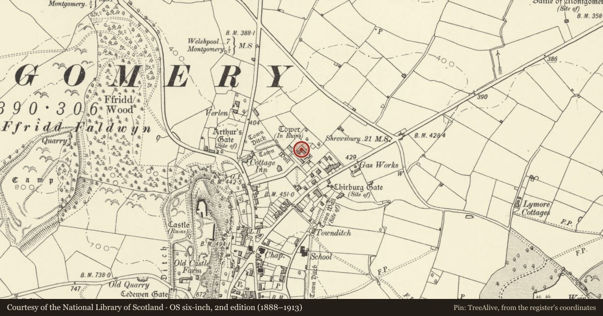 Ordnance Survey six-inch map, 2nd edition (1888–1913) covering the location of Oakfield Cottage, Montgomery, Powys, with a pin at the register's coordinates
