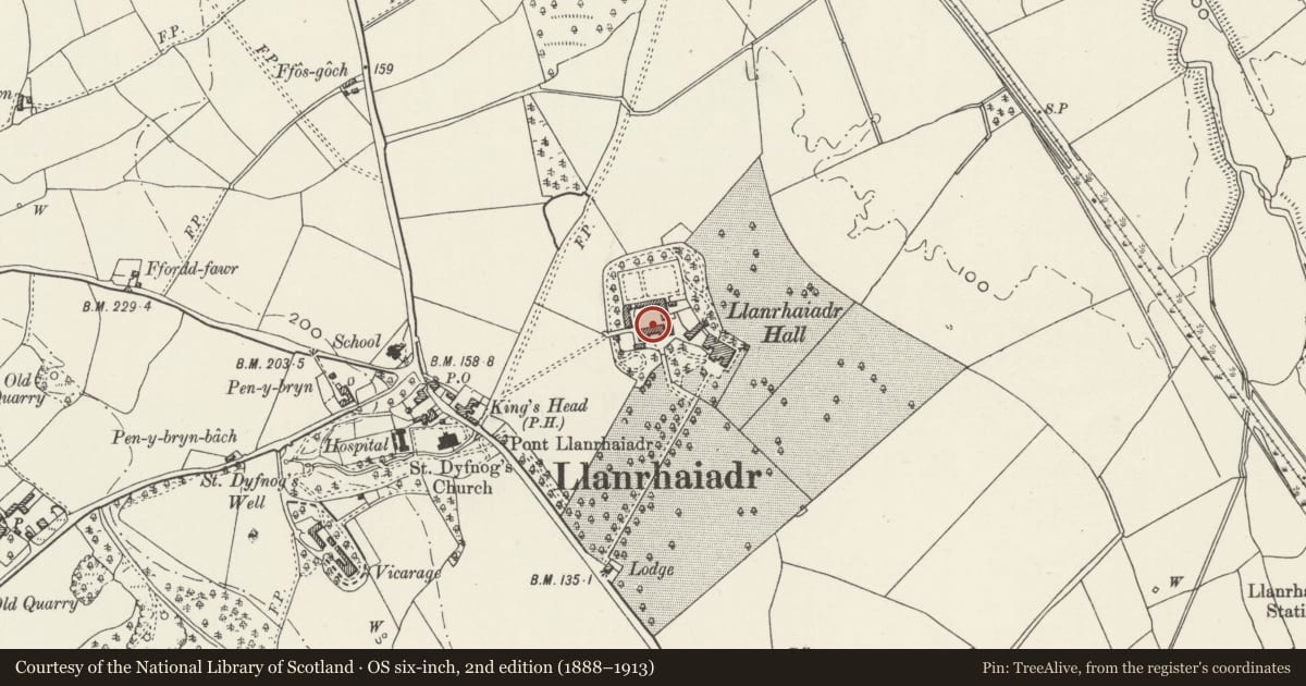 Ordnance Survey six-inch map, 2nd edition (1888–1913) covering the location of Stable Block at Llanrhaeadr Hall, Llanrhaeadr yng Nghinmeirch, Denbighshire, with a pin at the register's coordinates