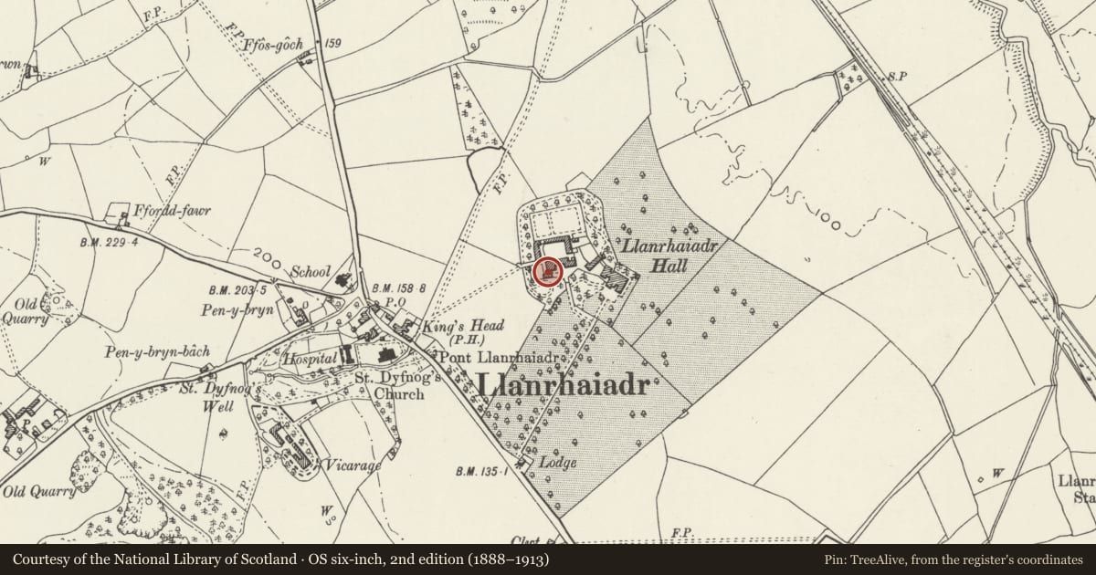 Ordnance Survey six-inch map, 2nd edition (1888–1913) covering the location of Haybarn at Llanrhaeadr Hall, Llanrhaeadr yng Nghinmeirch, Denbighshire, with a pin at the register's coordinates