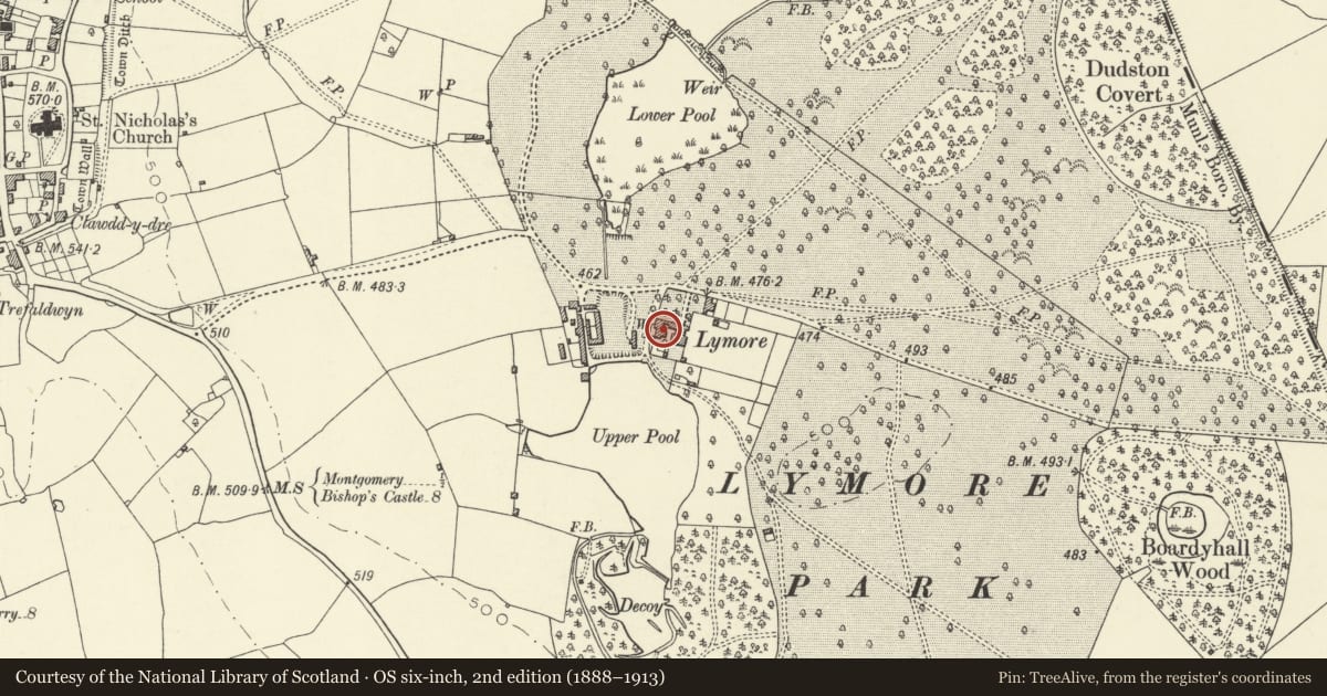 Ordnance Survey six-inch map, 2nd edition (1888–1913) covering the location of Lymore Farmhouse, Montgomery, Powys, with a pin at the register's coordinates