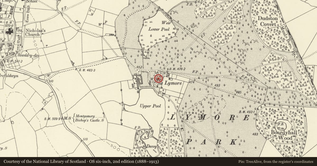 Ordnance Survey six-inch map, 2nd edition (1888–1913) covering the location of Lymore Farm Bakehouse, Montgomery, Powys, with a pin at the register's coordinates