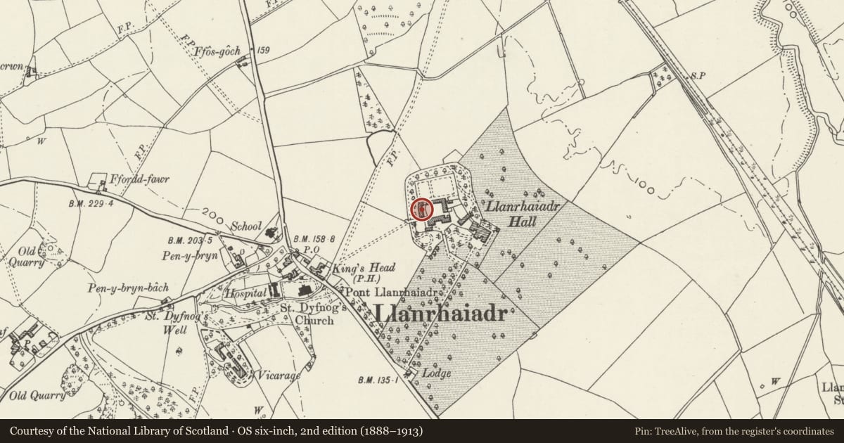 Ordnance Survey six-inch map, 2nd edition (1888–1913) covering the location of Barns at Llanrhaeadr Hall, including Garden Walls adjoining to the N and NE, Llanrhaeadr yng Nghinmeirch, Denbighshire, with a pin at the register's coordinates