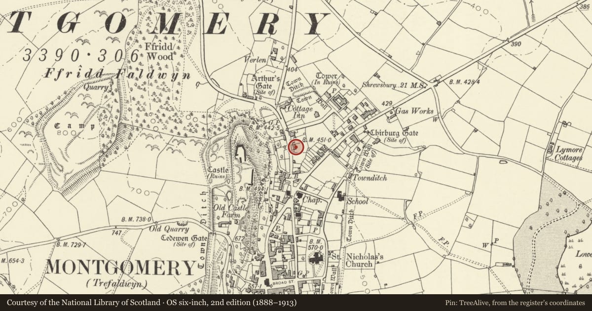 Ordnance Survey six-inch map, 2nd edition (1888–1913) covering the location of Jasmine Cottage, Montgomery, Powys, with a pin at the register's coordinates