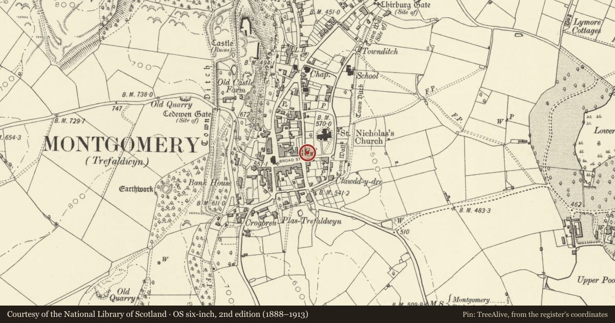 Ordnance Survey six-inch map, 2nd edition (1888–1913) covering the location of Pump at corner of Church Bank, Montgomery, Powys, with a pin at the register's coordinates