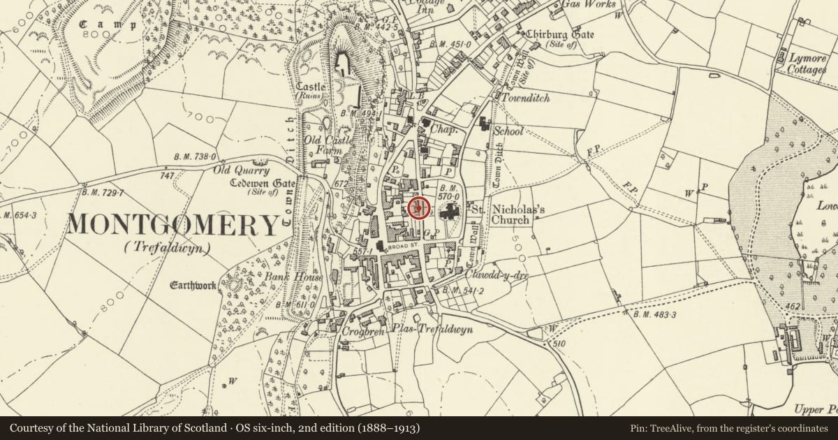 Ordnance Survey six-inch map, 2nd edition (1888–1913) covering the location of No. 1 Brynhyfryd, Montgomery, Powys, with a pin at the register's coordinates