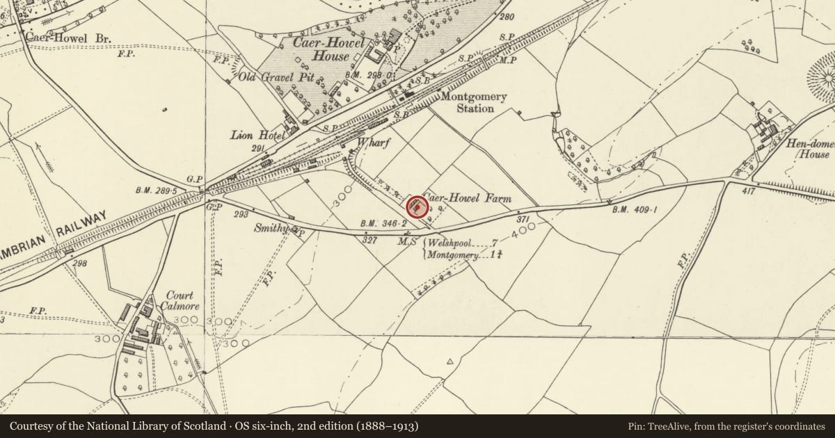 Ordnance Survey six-inch map, 2nd edition (1888–1913) covering the location of Caerhowel Farmhouse, Montgomery, Powys, with a pin at the register's coordinates