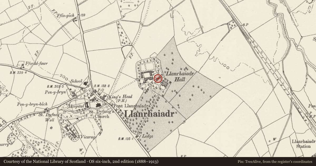 Ordnance Survey six-inch map, 2nd edition (1888–1913) covering the location of The Lower House at Llanrhaeadr Hall, Llanrhaeadr yng Nghinmeirch, Denbighshire, with a pin at the register's coordinates