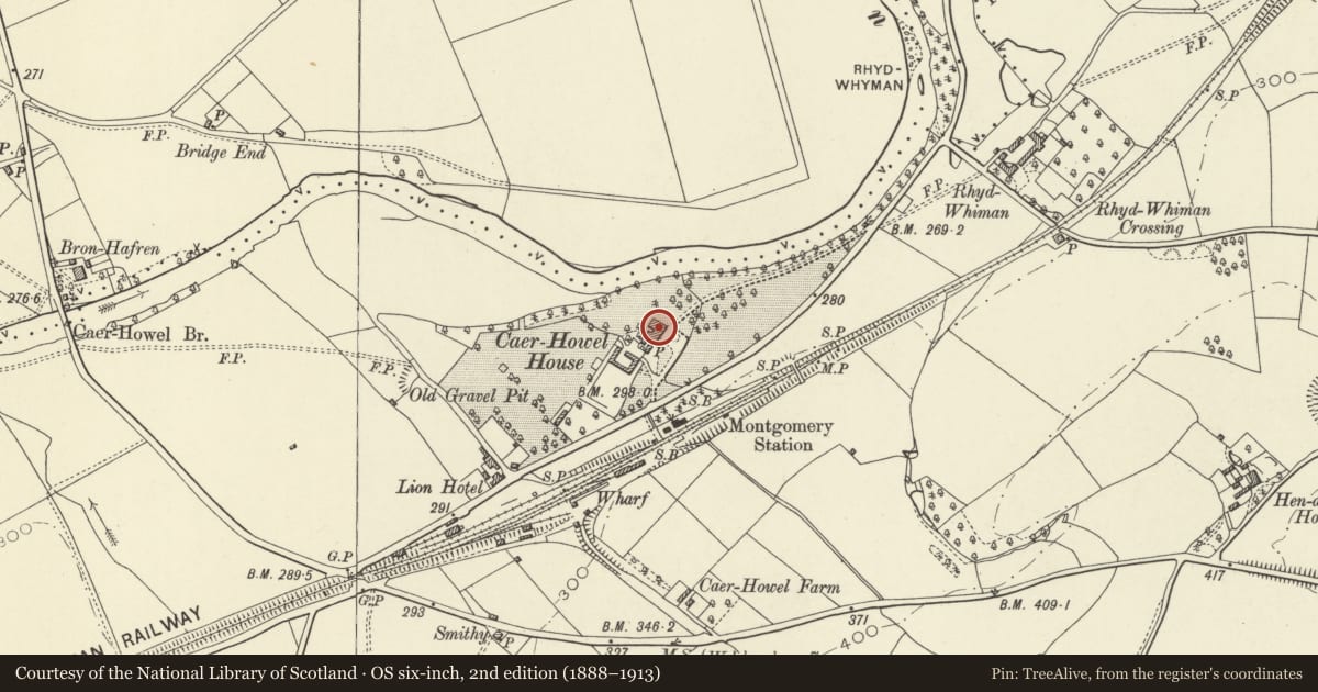 Ordnance Survey six-inch map, 2nd edition (1888–1913) covering the location of Caerhowel Hall, Montgomery, Powys, with a pin at the register's coordinates