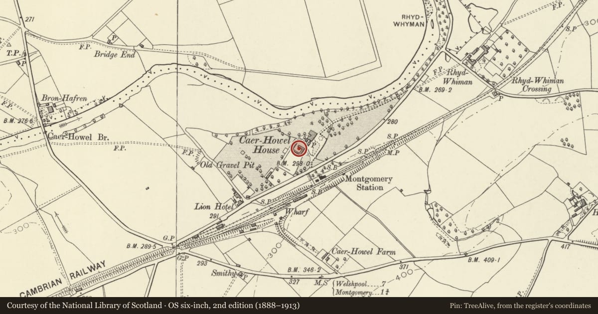 Ordnance Survey six-inch map, 2nd edition (1888–1913) covering the location of 1-10 Caerhowel Mews, Montgomery, Powys, with a pin at the register's coordinates