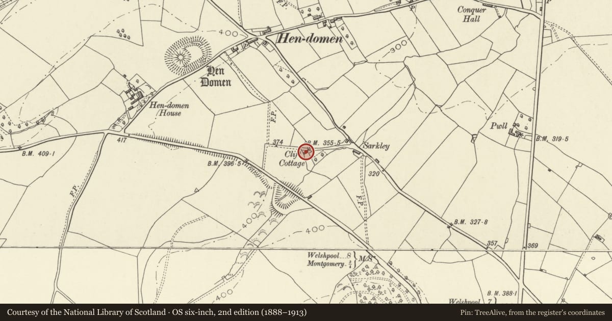 Ordnance Survey six-inch map, 2nd edition (1888–1913) covering the location of Clift Cottage, Montgomery, Powys, with a pin at the register's coordinates