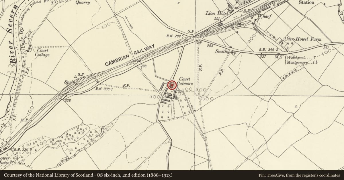 Ordnance Survey six-inch map, 2nd edition (1888–1913) covering the location of Court Calmore Farmhouse, Montgomery, Powys, with a pin at the register's coordinates