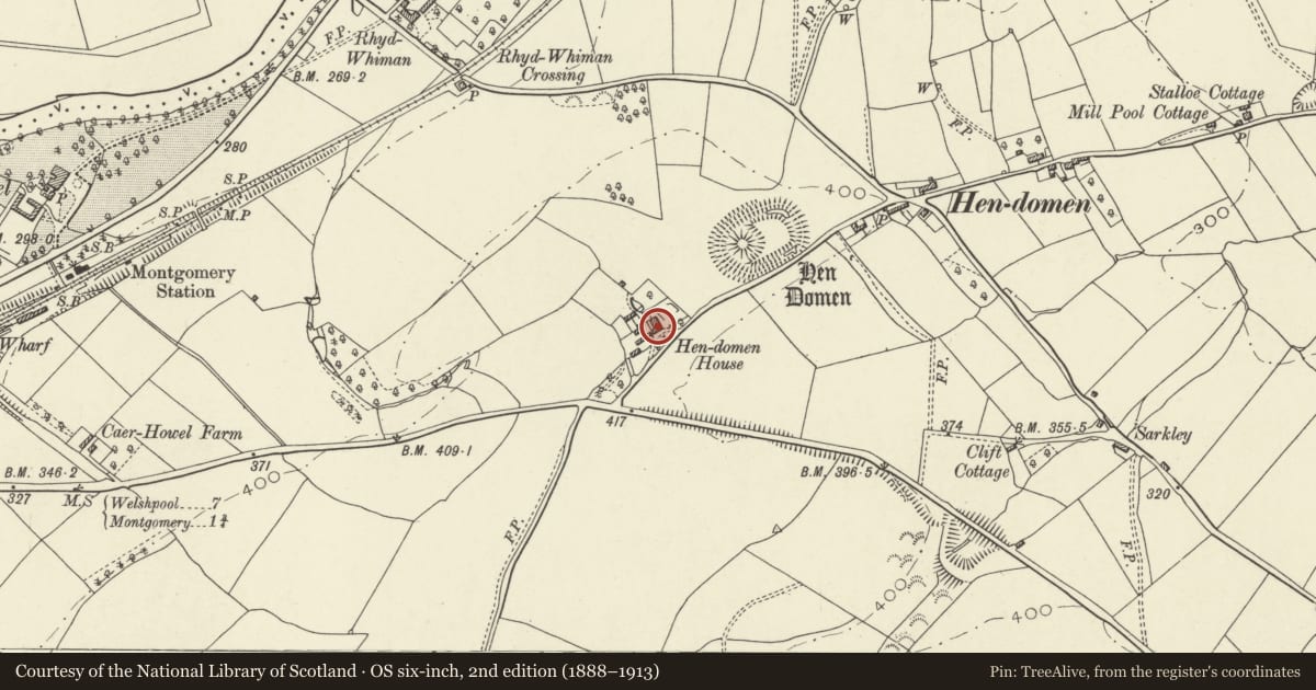 Ordnance Survey six-inch map, 2nd edition (1888–1913) covering the location of Hendomen Farmhouse, Montgomery, Powys, with a pin at the register's coordinates