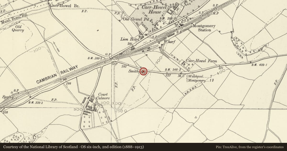 Ordnance Survey six-inch map, 2nd edition (1888–1913) covering the location of Caerhowel Smithy, Montgomery, Powys, with a pin at the register's coordinates